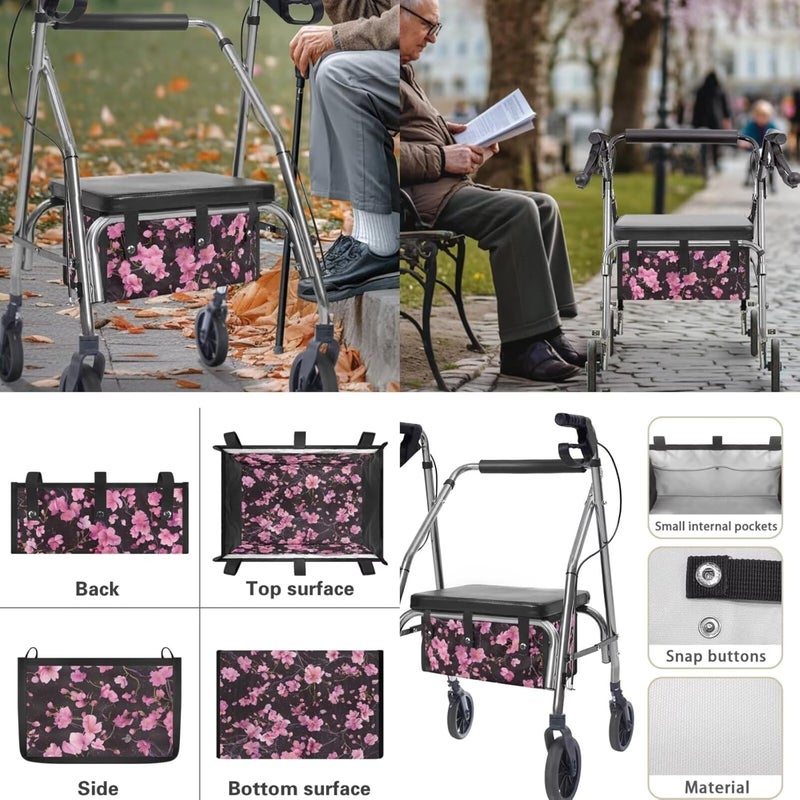 LedBack Walker Accessories for 3 Pcs, Cherry Blossom Rollator Walker Seat and Backrest Covers Walker Bag Under Seat Bag for Four Wheel Rollator, Easy to Install - Image 5